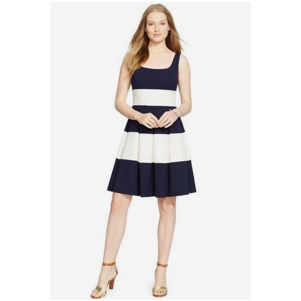 Lauren Ralph Lauren Dress Navy Blue White Striped Fit Flare Retro Nautical sz 14